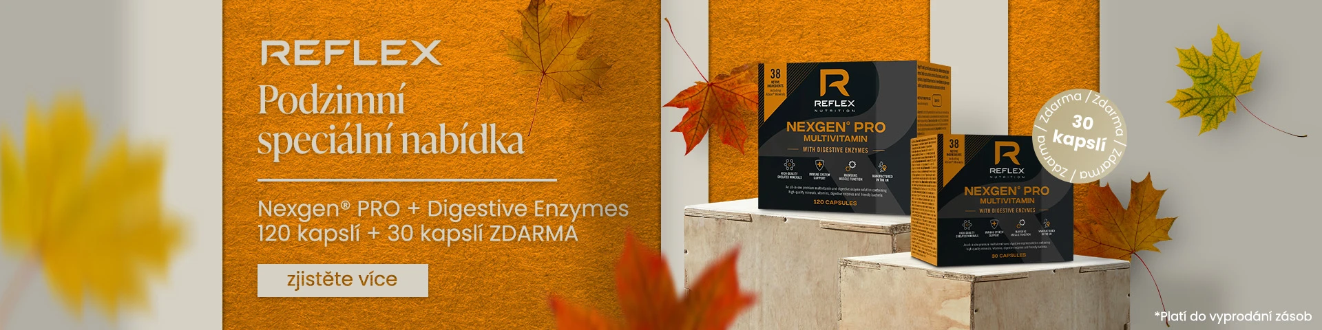 Podzimní akce Reflex: K oblíbenému multivitamínu a multiminerálu Nexgen® PRO s enzymy 120 kapslí od nás obdržíte balení 30 kapslí zdarma jako dárek.